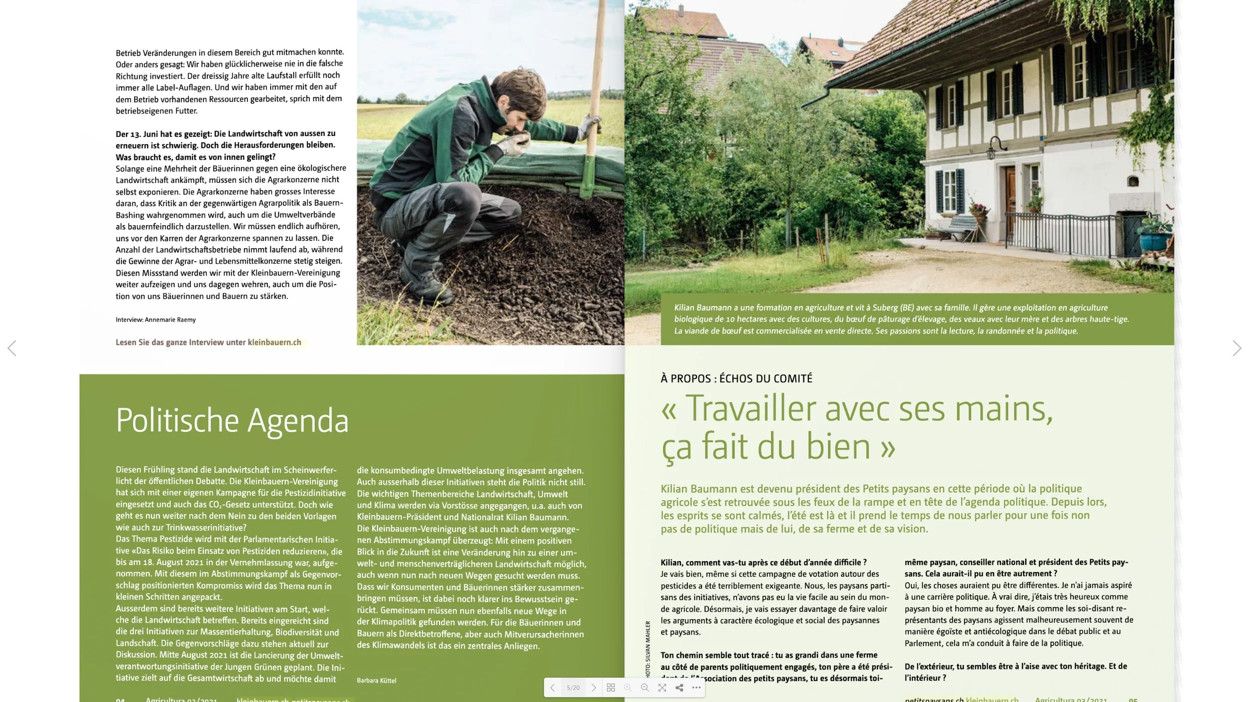 Fotografie eines Gärtners beim Pflanzen einer jungen Pflanze auf einer landwirtschaftlichen Fläche. Auf der rechten Seite ein Landhaus mit Garten und Grünflächen.