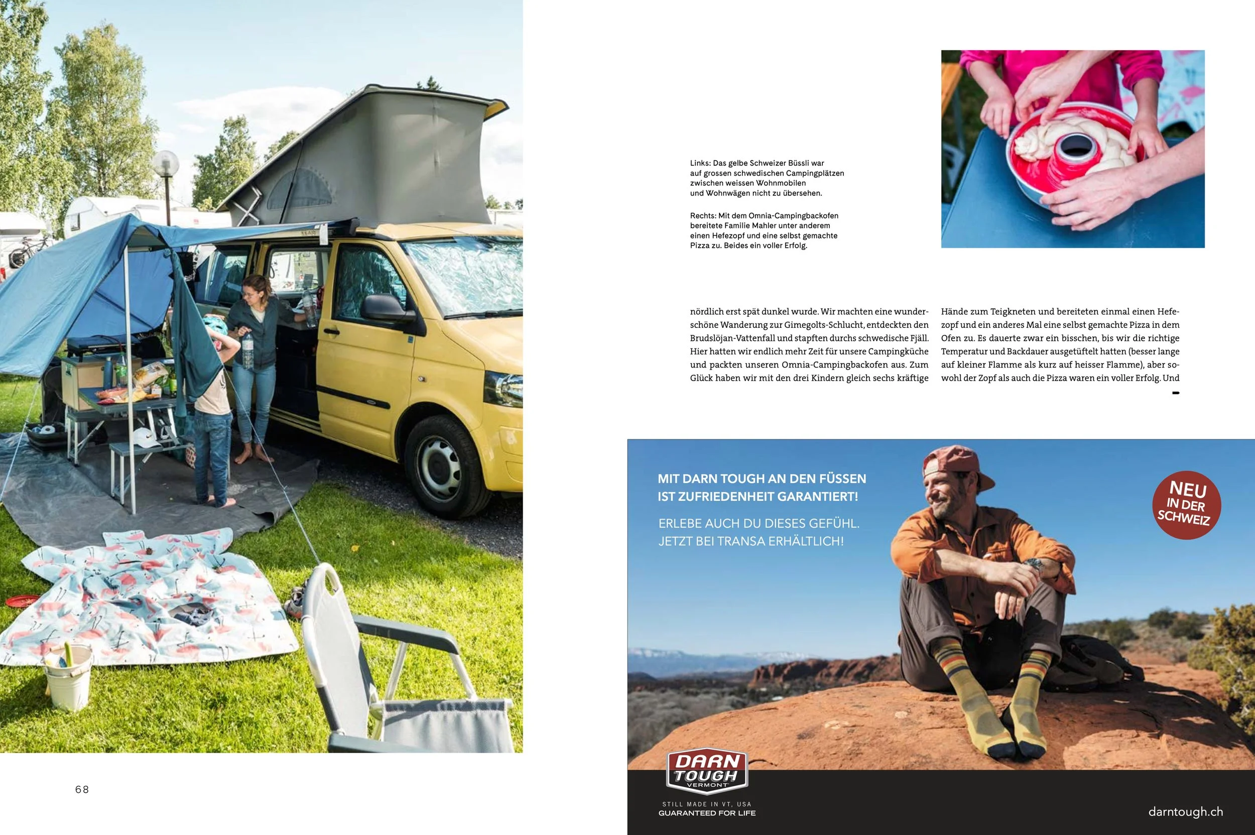 Campingplatz mit einem gelben Van, auf dem Kinder und Erwachsene unbefugt sitzen, Zelt und Campingausrüstung im Freien, und im rechten oberen Bild eine Person, die Pizza macht. Unten rechts ein Mann mit bunten Socken, der auf einem Felsen sitzt, mit 