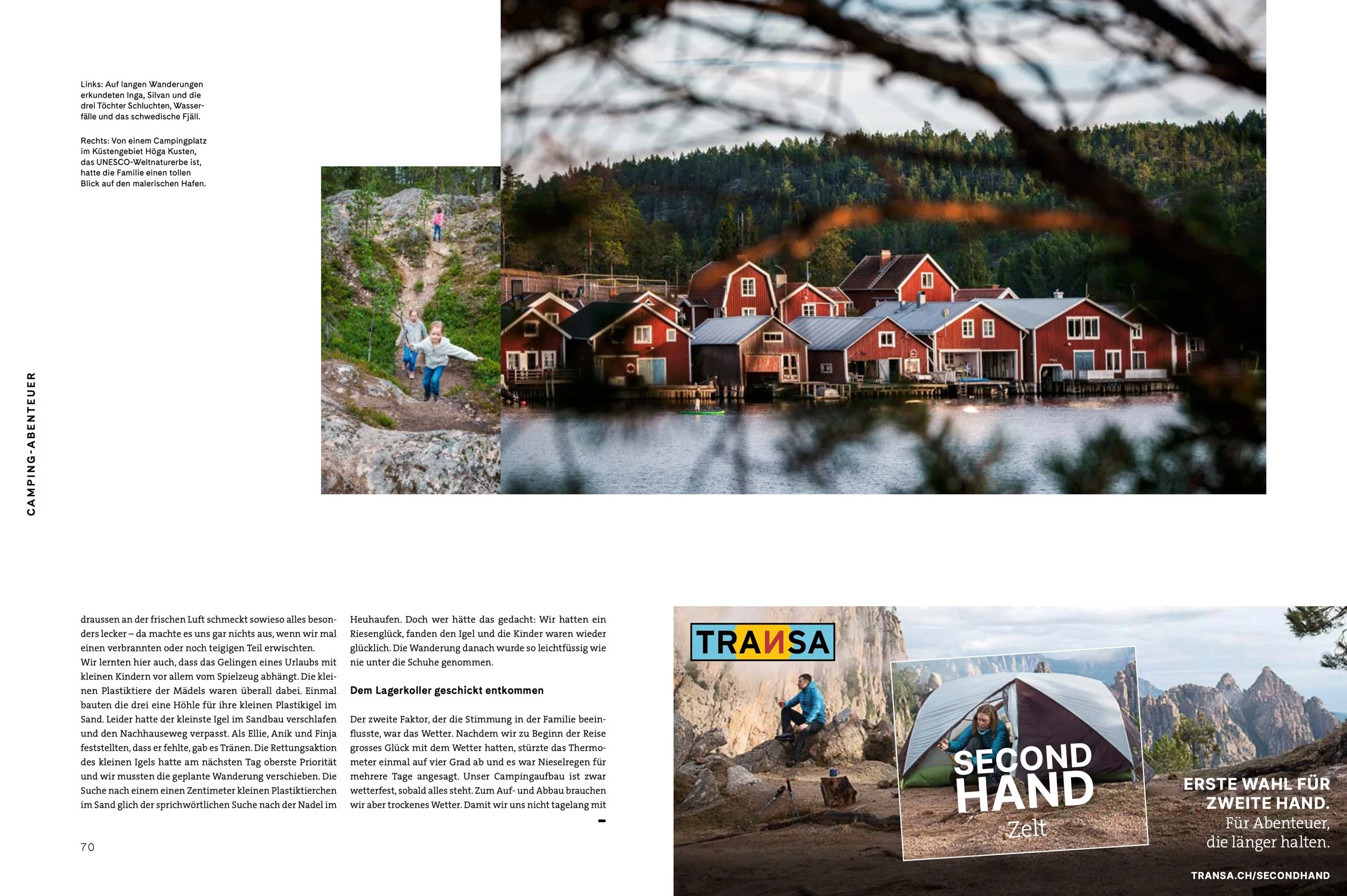 Ein Artikel über Camping-Abenteuer mit Fotos von einem Fjord, einem Hafen mit roten Häusern, Kindern beim Wandern, einer zweiten Hand Zelt, und einer Camping-Station in beeindrucklicher Natur.