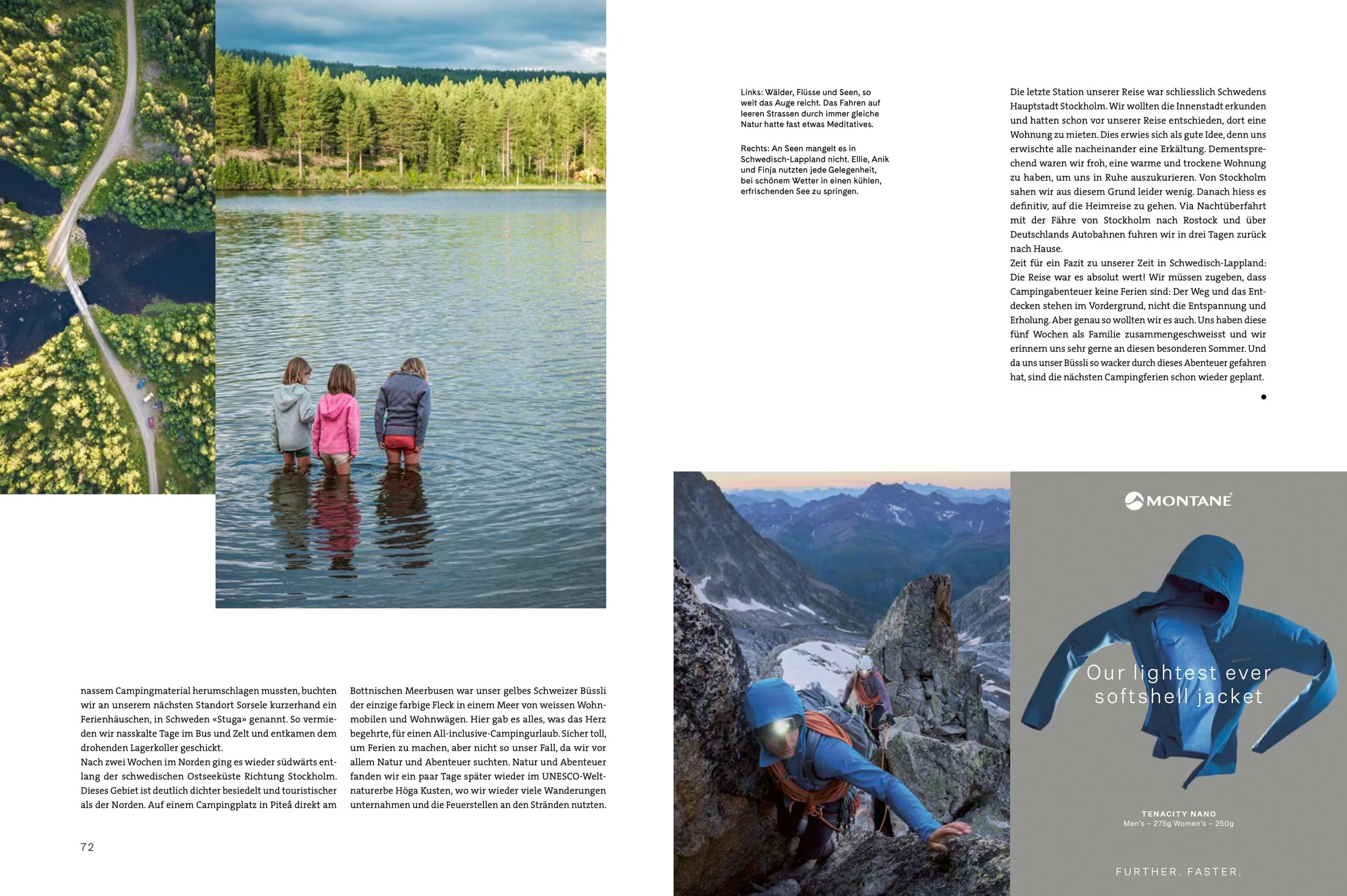 Drohnenaufnahme von einer grünen Wald- und Wiesenlandschaft mit einem Fluss, im Vordergrund drei Kinder, die im Wasser eines Sees stehen, und im unteren rechten Bereich eine kletternde Person in den Bergen, zudem ein Bild eines blauen Softshell-Jacke